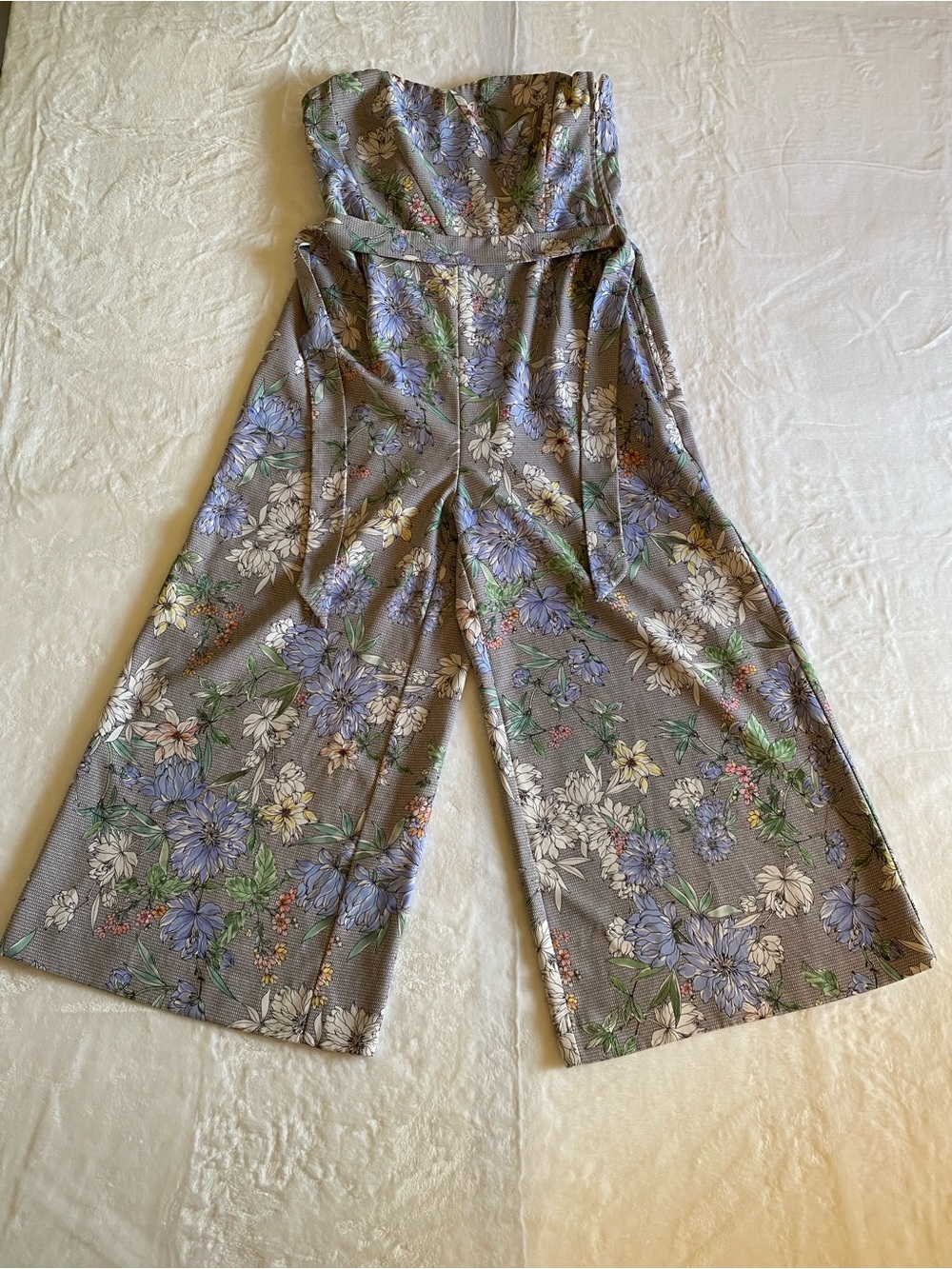 H&M Strapless Floral Wide-Leg Jumpsuit - Gray‎ with Blue Yellow & Green Floral